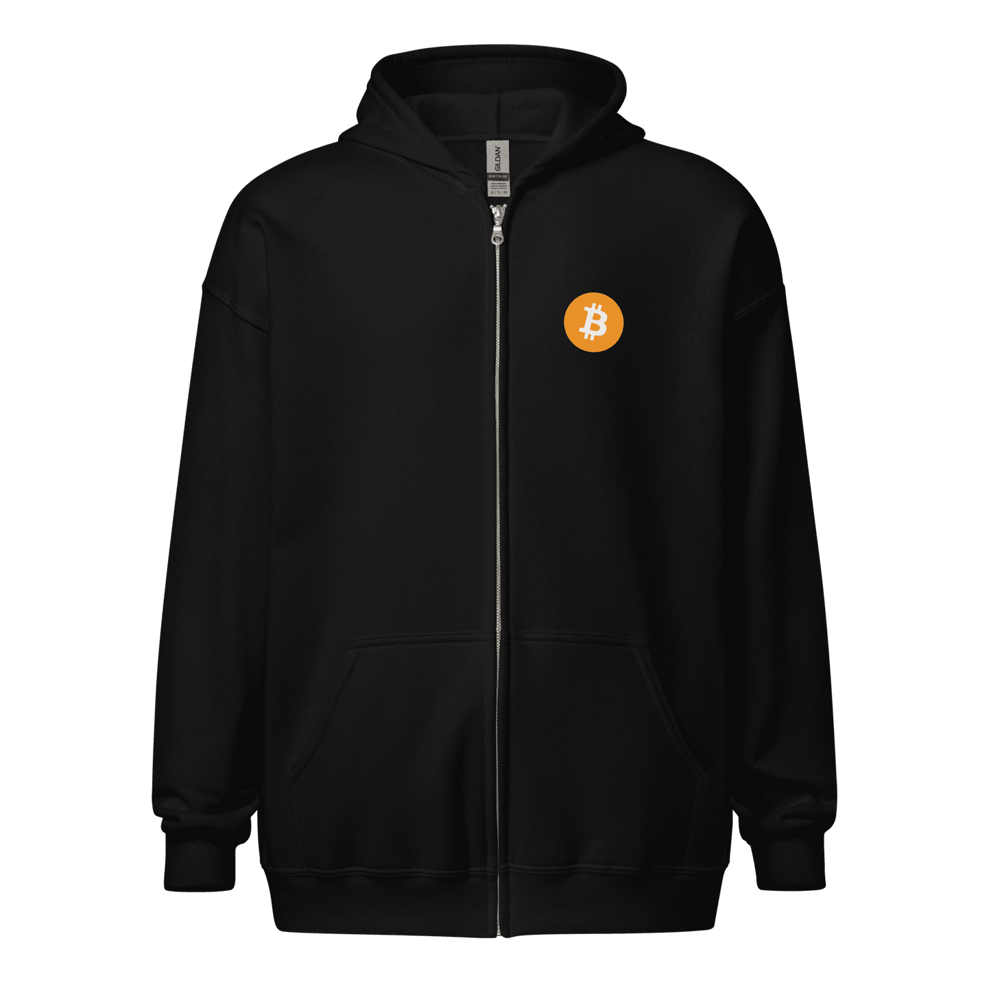 Front view of a black bitcoin zip hoodie.