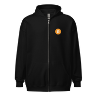 Unisex bitcoin zip hoodie with "Not Your Keys Not Your Coins" slogan, soft fleece, metal zipper, and front pockets