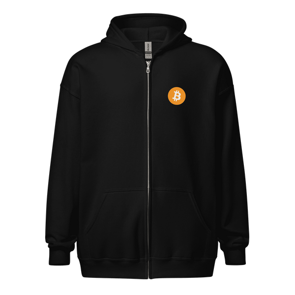 Unisex bitcoin zip hoodie with "Not Your Keys Not Your Coins" slogan, soft fleece, metal zipper, and front pockets