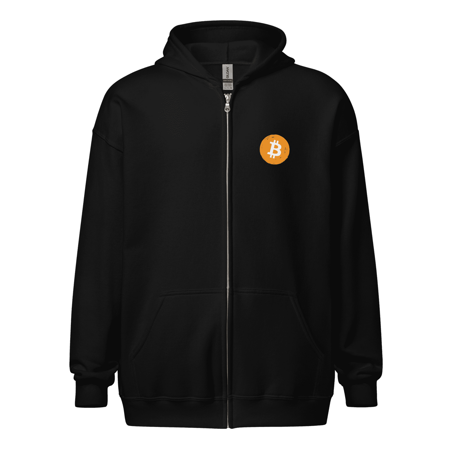 Front view of a black bitcoin zip hoodie.