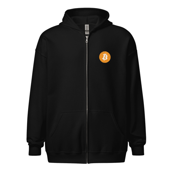 Black Bitcoin zip hoodie with "Don't Trust, Verify" text, unisex fit, cozy fabric, and front zipper
