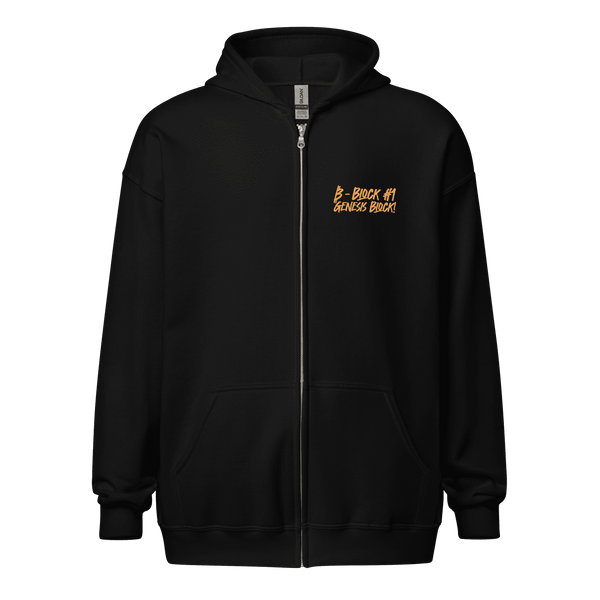 Black Heavy Blend Bitcoin zip hoodie with Genesis block design and metal zipper