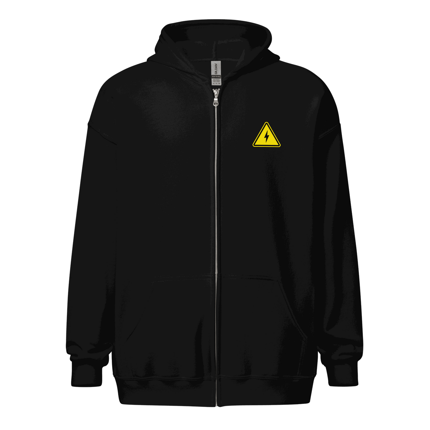 Man wearing Danger Fast Transactions Lightning Zip Hoodie with Bitcoin-inspired design and zip-up style