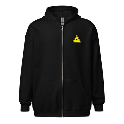 Front view of a black bitcoin zip hoodie.