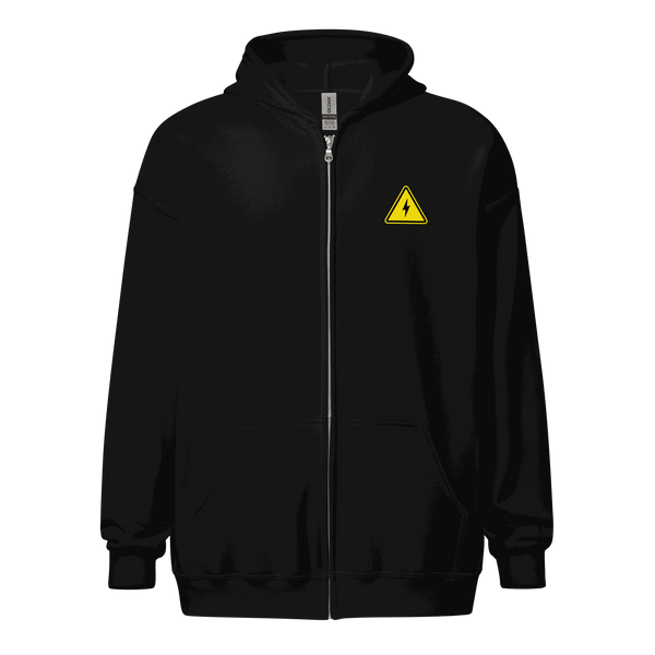 Man wearing Danger Fast Transactions Lightning Zip Hoodie with Bitcoin-inspired design and zip-up style
