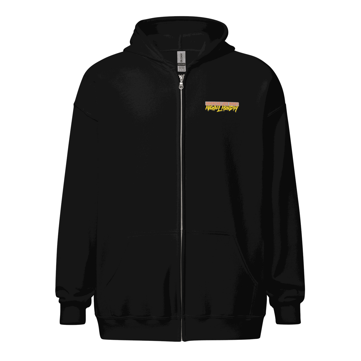 Black Anarcho Late Night zip hoodie with Michael Monday design, soft fleece, metal zipper, and front pockets.