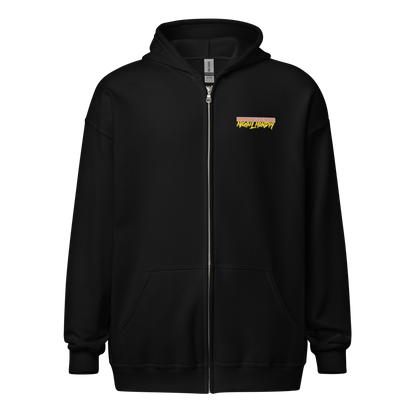 Front view of a black aln zip hoodie.