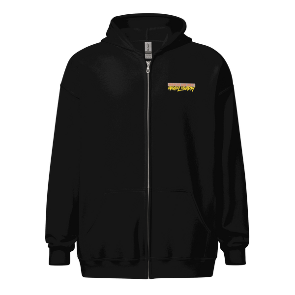 Black Anarcho Late Night zip hoodie with Michael Monday design, soft fleece, metal zipper, and front pockets.