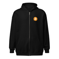 Black heavy blend Bitcoin zip hoodie with metal zipper and front pockets