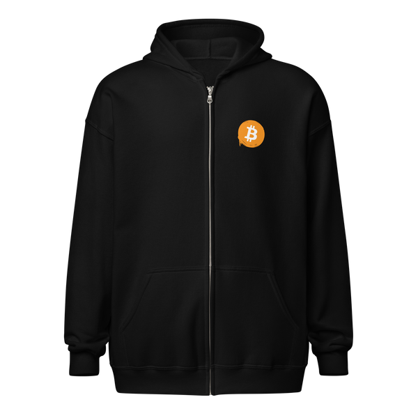 Black heavy blend Bitcoin zip hoodie with metal zipper and front pockets