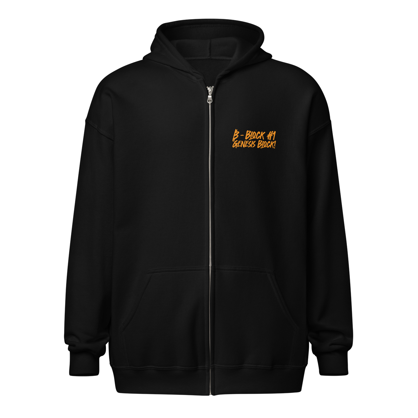 Genesis Block heavy blend bitcoin zip hoodie, front view: the headline Block #1 Genesis Block in orange above the raw hex dump of the first bitcoin block, the embedded Times headline picked out in orange.