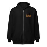 Genesis Block heavy blend bitcoin zip hoodie, front view: the headline Block #1 Genesis Block in orange above the raw hex dump of the first bitcoin block, the embedded Times headline picked out in orange.