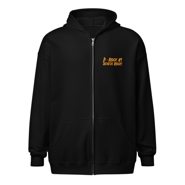 Black Heavy Blend Bitcoin zip hoodie with Genesis block design and metal zipper