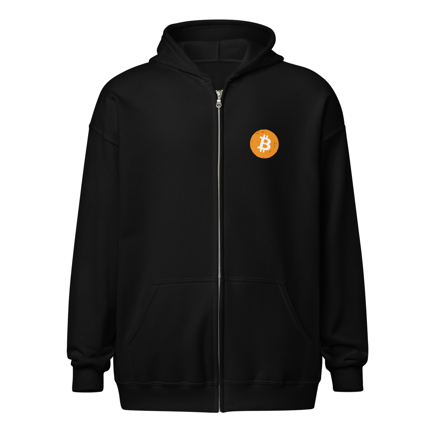 Don't Trust Verify! heavy blend bitcoin zip hoodie, front view: DON'T TRUST VERIFY! in large white brush script on black with a small orange bitcoin coin.