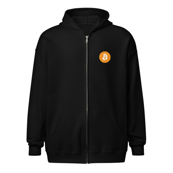 Don't Trust Verify! heavy blend bitcoin zip hoodie, front view: DON'T TRUST VERIFY! in large white brush script on black with a small orange bitcoin coin.