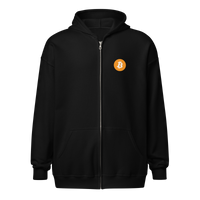 Not Your Keys Not Your Coins heavy blend bitcoin zip hoodie, front view: NOT YOUR KEYS NOT YOUR COINS in white block lettering on black, the O of COINS replaced by an orange bitcoin coin.