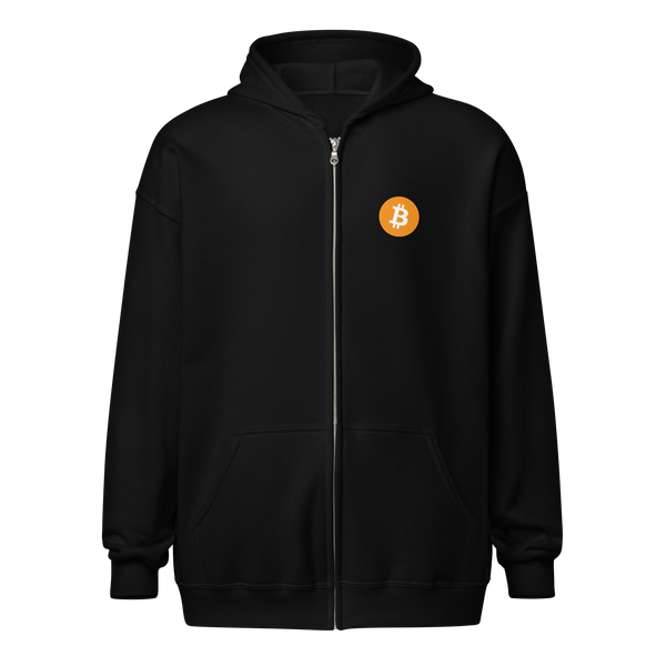 Not Your Keys Not Your Coins heavy blend bitcoin zip hoodie, front view: NOT YOUR KEYS NOT YOUR COINS in white block lettering on black, the O of COINS replaced by an orange bitcoin coin.