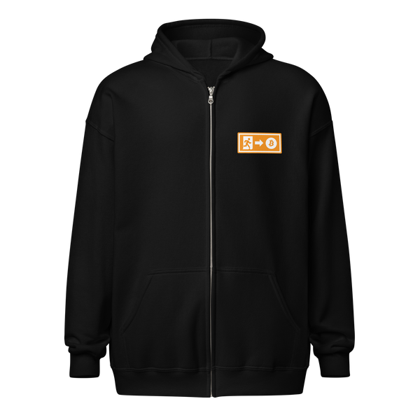 Emergency Exit heavy blend bitcoin zip hoodie, front view: an emergency exit sign in orange and white, the running figure heading through the doorway and an arrow pointing to a bitcoin coin.