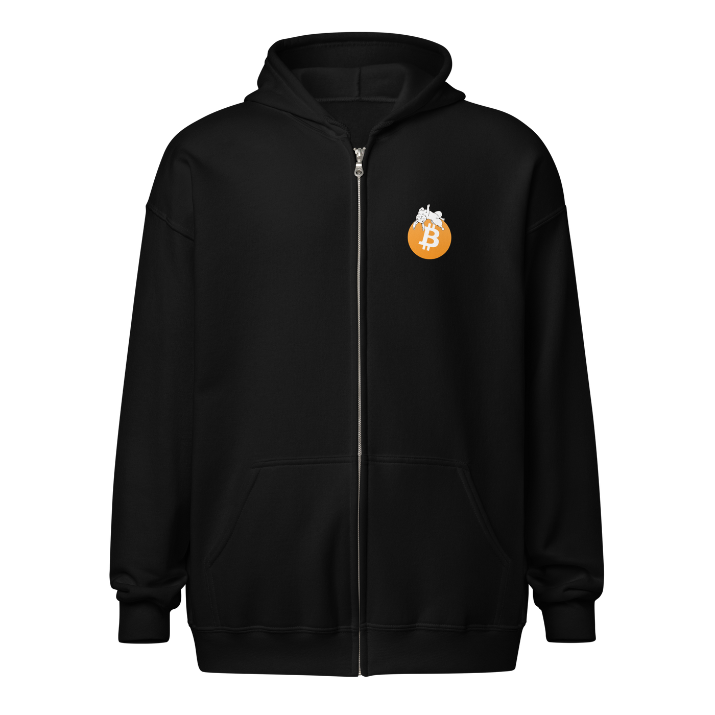 F*** Fiat Money heavy blend bitcoin zip hoodie, front view: a white rabbit lounging across a large orange bitcoin circle on white.