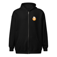 F*** Fiat Money heavy blend bitcoin zip hoodie, front view: a white rabbit lounging across a large orange bitcoin circle on white.