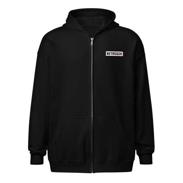 Betrüger anarcho late night heavy blend zip hoodie, front view: a small chest-left badge reading BETRUEGER in white on a black bar.