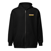 Michael Monday anarcho late night heavy blend zip hoodie, front view: a small chest-left badge with MICHAEL MONDAY in yellow drip lettering on a pink and orange bar.