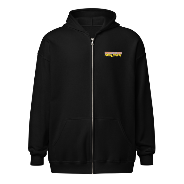 Michael Monday anarcho late night heavy blend zip hoodie, front view: a small chest-left badge with MICHAEL MONDAY in yellow drip lettering on a pink and orange bar.