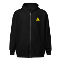 Danger! Fast Transactions heavy blend lightning zip hoodie, front view: a yellow hazard sign with a lightning bolt in a triangle above DANGER! FAST TRANSACTIONS.