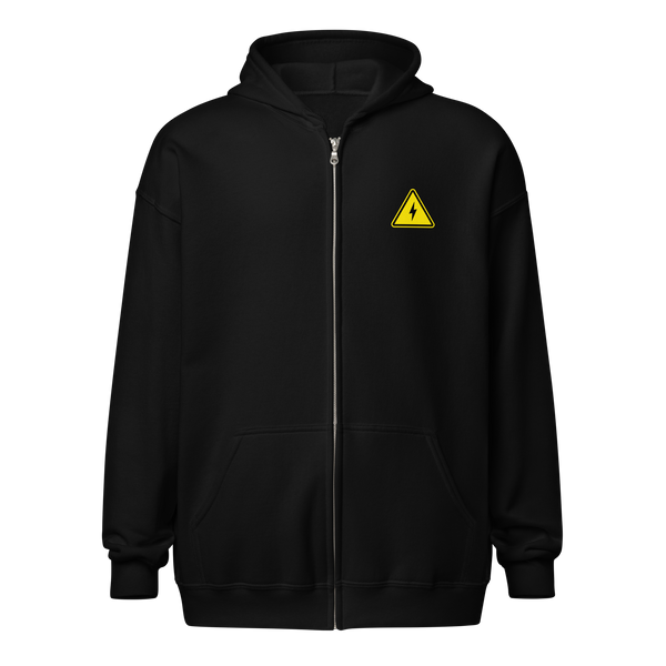 Danger! Fast Transactions heavy blend lightning zip hoodie, front view: a yellow hazard sign with a lightning bolt in a triangle above DANGER! FAST TRANSACTIONS.