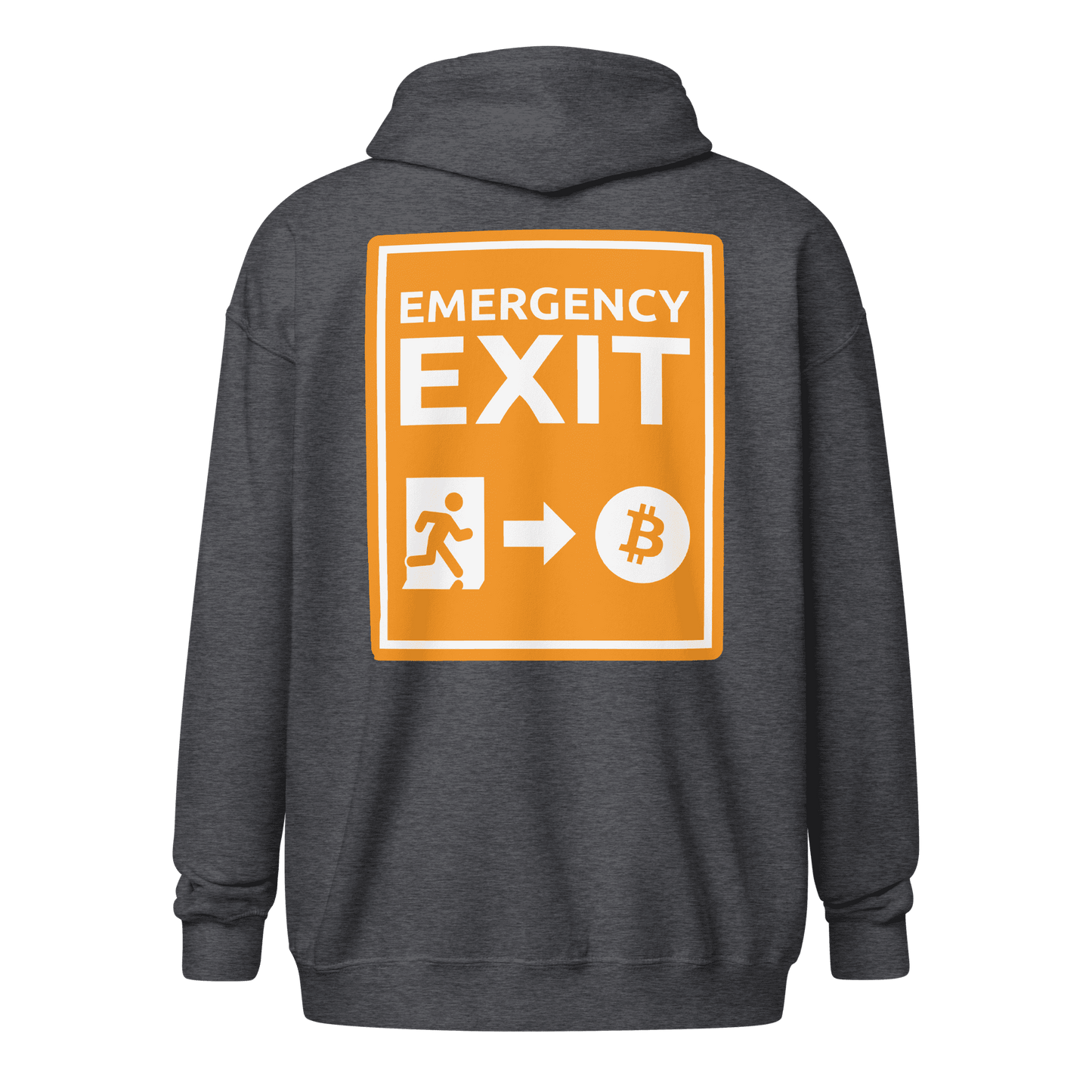 Back view of a dark heather grey colored bitcoin zip hoodie.