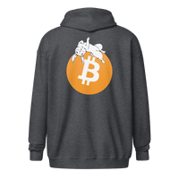 Back view of a dark heather grey colored bitcoin zip hoodie.