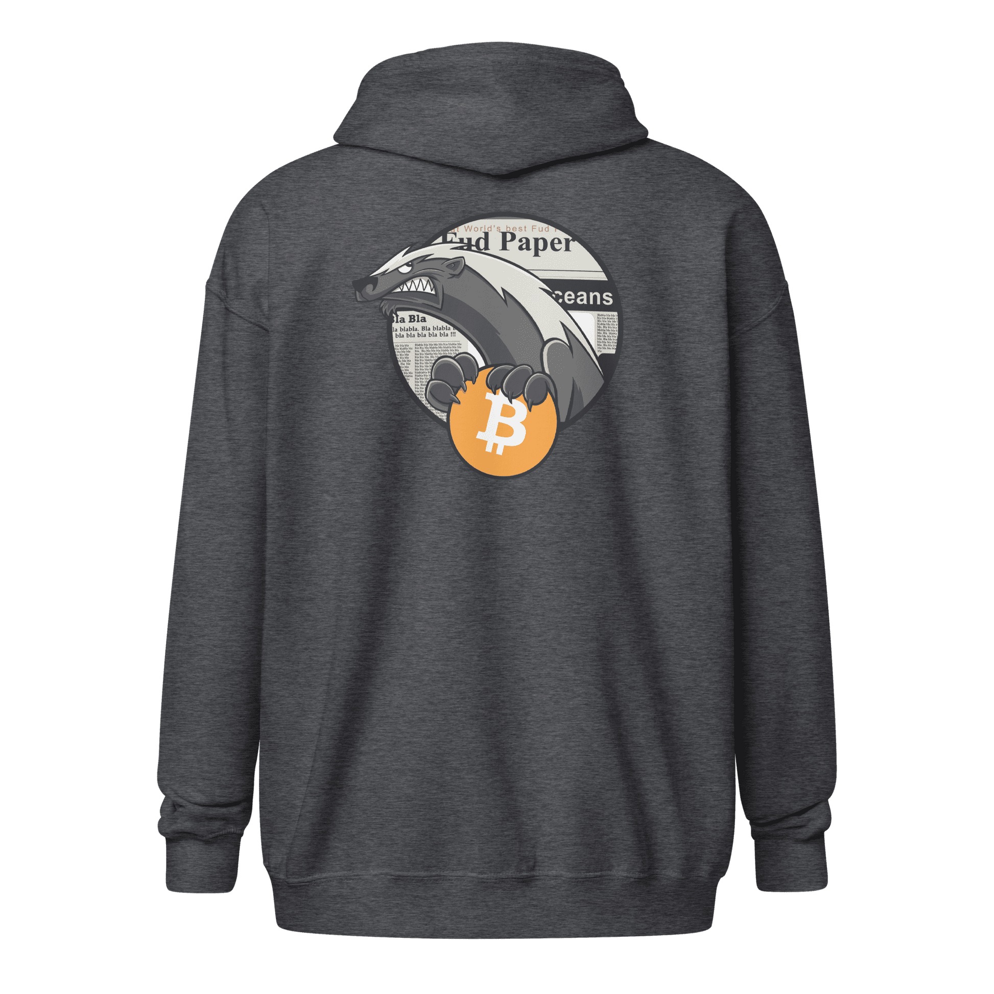Back view of a dark heather grey colored bitcoin zip hoodie.