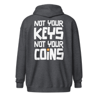 Back view of a dark heather grey colored bitcoin zip hoodie.