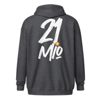 Back view of a dark heather grey colored bitcoin zip hoodie.