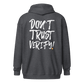 Back view of a dark heather grey colored bitcoin zip hoodie.