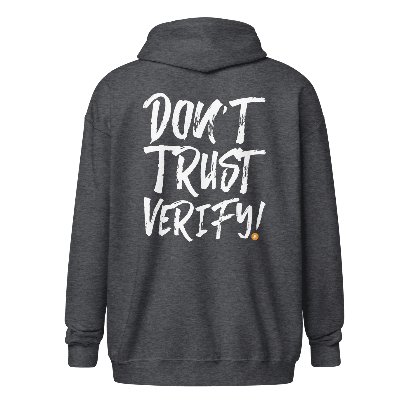 Black zip-up Bitcoin hoodie with "Don't Trust, Verify" design, unisex fit, cozy fabric, ideal for crypto enthusiasts