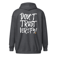 Black zip-up Bitcoin hoodie with "Don't Trust, Verify" design, unisex fit, cozy fabric, ideal for crypto enthusiasts