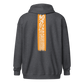 Back view of a dark heather grey colored bitcoin zip hoodie.