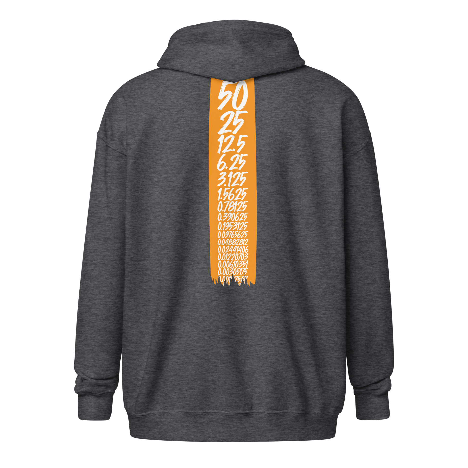 Back view of a dark heather grey colored bitcoin zip hoodie.