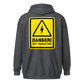 Back view of a dark heather grey colored bitcoin zip hoodie.