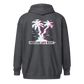 Back view of a dark heather grey colored aln zip hoodie.