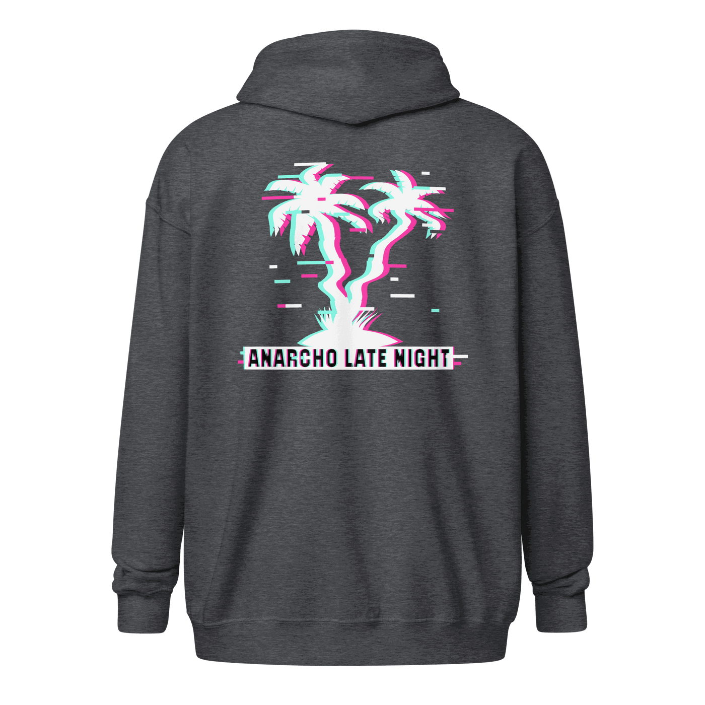 Black Anarcho Late Night hoodie with matrix glitch design and zipper
