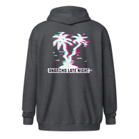 Black Anarcho Late Night hoodie with matrix glitch design and zipper