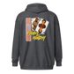 Back view of a dark heather grey colored aln zip hoodie.