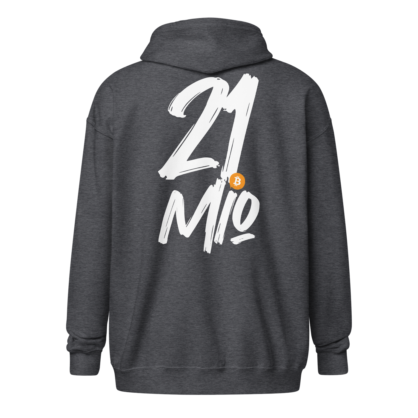 Back view of a dark heather grey colored bitcoin zip hoodie.