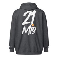 Back view of a dark heather grey colored bitcoin zip hoodie.