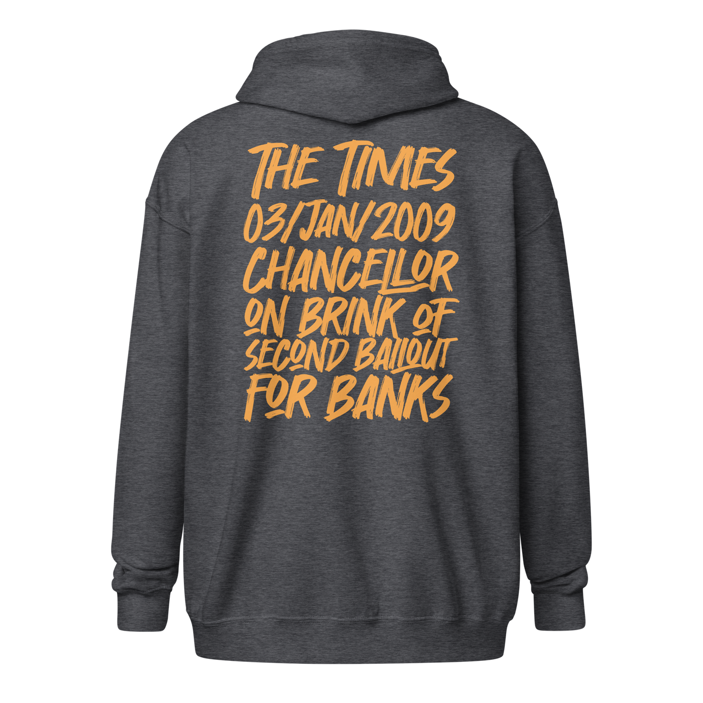 Back view of a dark heather grey colored bitcoin zip hoodie.