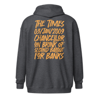 Back view of a dark heather grey colored bitcoin zip hoodie.