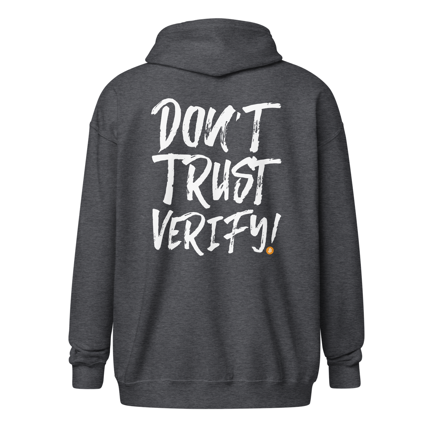Black zip-up Bitcoin hoodie with "Don't Trust, Verify" design, unisex fit, cozy fabric, ideal for crypto enthusiasts