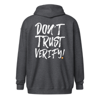 Black zip-up Bitcoin hoodie with "Don't Trust, Verify" design, unisex fit, cozy fabric, ideal for crypto enthusiasts
